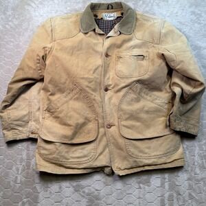 VTG LL Bean Jacket Mens Large Beige Plaid Liner Canvas Chore Coat Sz Md FADED
